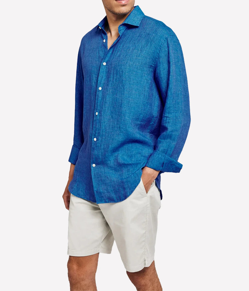 Antonio Linen Long Sleeve Shirt in Lake Blue