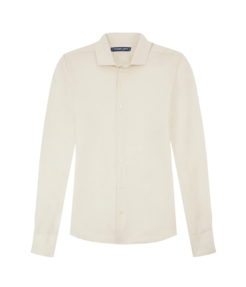 Ghost shot of the Antonio Long Sleeve Linen Shirt by Frescobol Carioca, floating to emphasize its structured dress collar with stiffeners, imitation mother of pearl buttons, and full placket. The lightweight Italian linen construction ensures breathable comfort and elevated style for versatile occasion dressing.