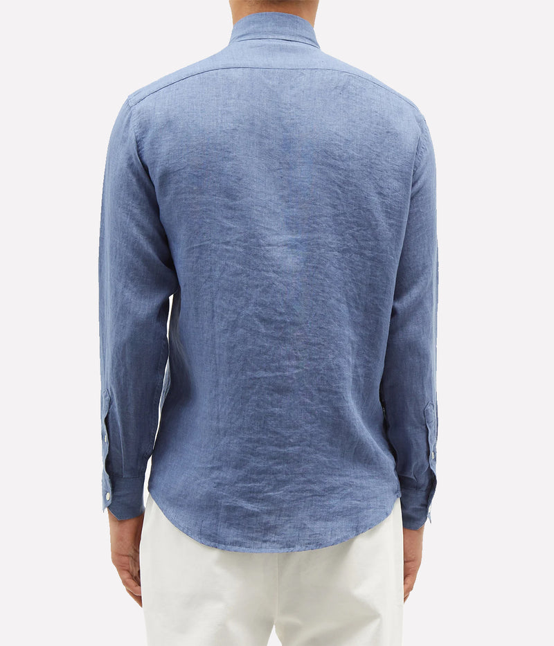 Back view of the Antonio Long Sleeve Linen Shirt by Frescobol Carioca, highlighting the lightweight, breathable fine Italian linen fabric. This classic men's linen shirt combines relaxed tailoring and timeless sophistication, ideal for polished, effortless dressing.