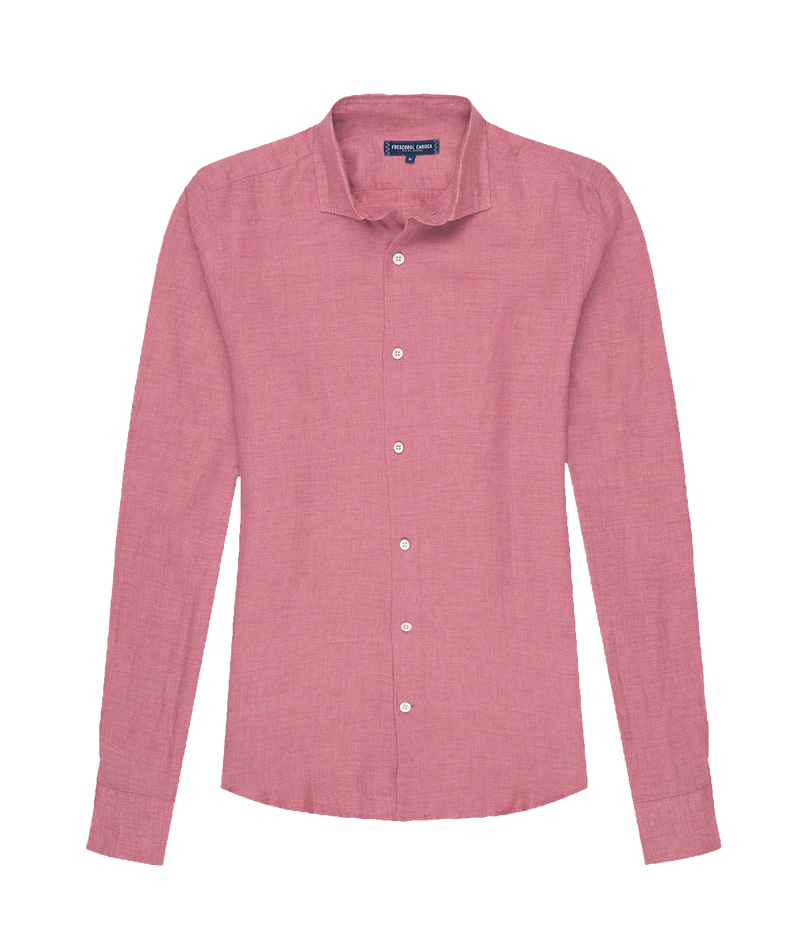 Ghost shot of the Antonio Long Sleeve Linen Shirt by Frescobol Carioca, floating to emphasize its structured dress collar with stiffeners, imitation mother of pearl buttons, and full placket. The lightweight Italian linen construction ensures breathable comfort and elevated style for versatile occasion dressing.