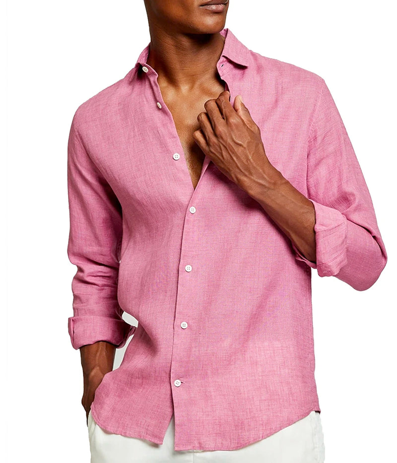Front view of the Antonio Long Sleeve Linen Shirt by Frescobol Carioca, crafted from 100% fine Italian linen. This luxury men's dress shirt features a structured dress collar with stiffeners, imitation mother of pearl buttons, and a full placket. Designed in a regular fit, it blends relaxed tailoring with refined style for effortless occasion dressing.