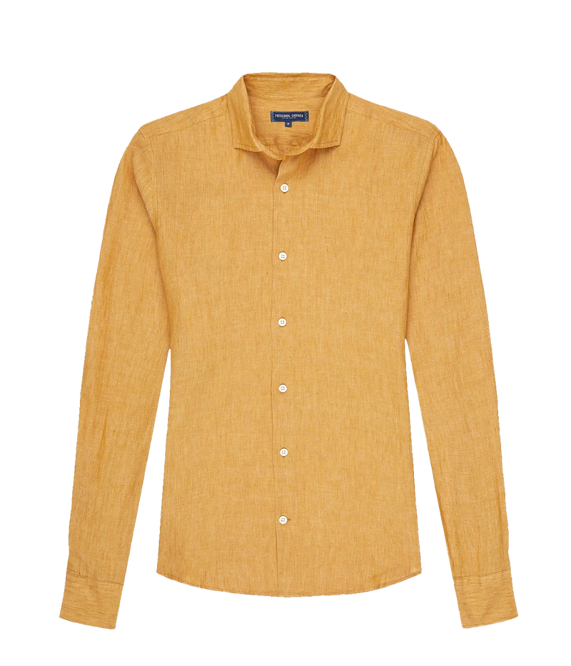 Ghost shot of the Antonio Long Sleeve Linen Shirt by Frescobol Carioca, floating to emphasize its structured dress collar with stiffeners, imitation mother of pearl buttons, and full placket. The lightweight Italian linen construction ensures breathable comfort and elevated style for versatile occasion dressing.