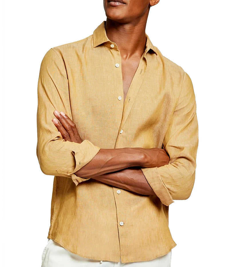 Front view of the Antonio Long Sleeve Linen Shirt by Frescobol Carioca, crafted from 100% fine Italian linen. This luxury men's dress shirt features a structured dress collar with stiffeners, imitation mother of pearl buttons, and a full placket. Designed in a regular fit, it blends relaxed tailoring with refined style for effortless occasion dressing.