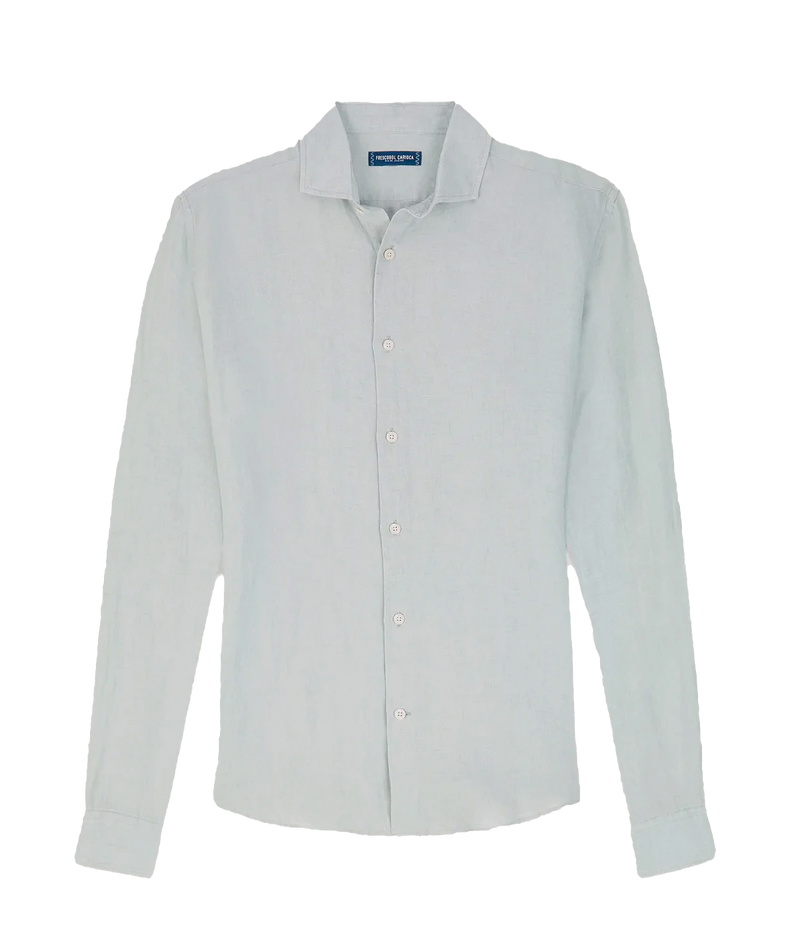 Ghost shot of the Antonio Long Sleeve Linen Shirt by Frescobol Carioca, floating to emphasize its structured dress collar with stiffeners, imitation mother of pearl buttons, and full placket. The lightweight Italian linen construction ensures breathable comfort and elevated style for versatile occasion dressing.