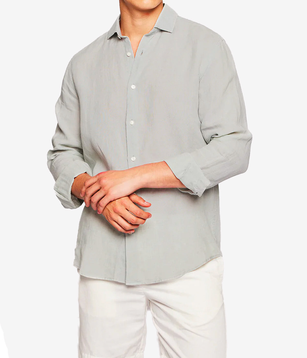 Front view of the Antonio Long Sleeve Linen Shirt by Frescobol Carioca, crafted from 100% fine Italian linen. This luxury men's dress shirt features a structured dress collar with stiffeners, imitation mother of pearl buttons, and a full placket. Designed in a regular fit, it blends relaxed tailoring with refined style for effortless occasion dressing.