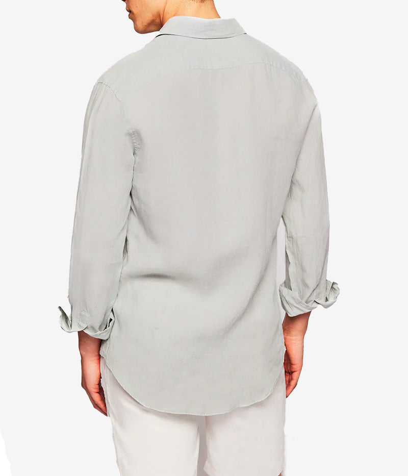 Back view of the Antonio Long Sleeve Linen Shirt by Frescobol Carioca, highlighting the lightweight, breathable fine Italian linen fabric. This classic men's linen shirt combines relaxed tailoring and timeless sophistication, ideal for polished, effortless dressing.