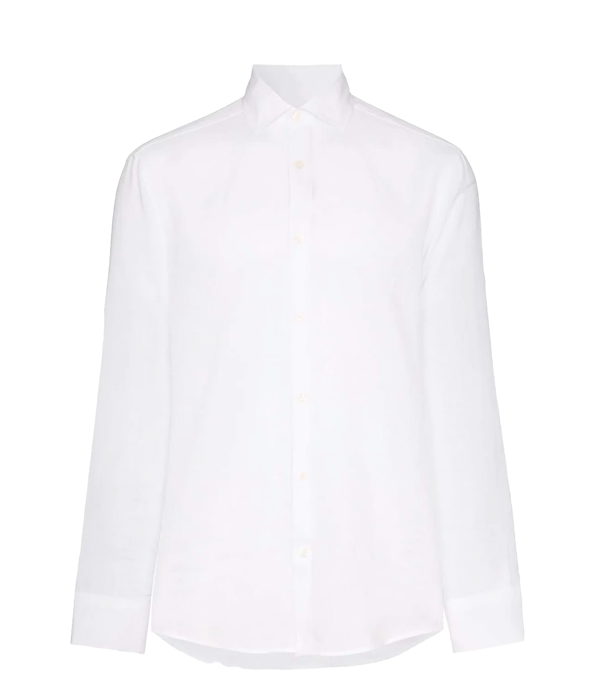 Ghost shot of the Antonio Long Sleeve Linen Shirt by Frescobol Carioca, floating to emphasize its structured dress collar with stiffeners, imitation mother of pearl buttons, and full placket. The lightweight Italian linen construction ensures breathable comfort and elevated style for versatile occasion dressing.