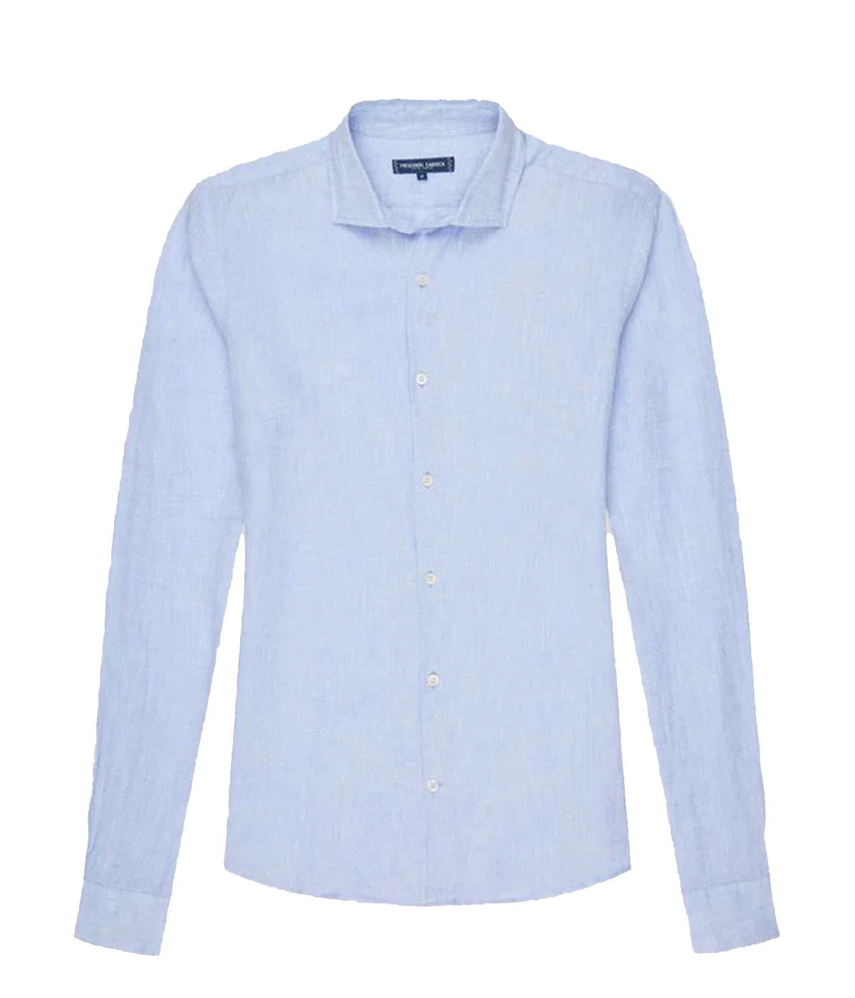 Ghost shot of the Antonio Long Sleeve Linen Shirt by Frescobol Carioca, floating to emphasize its structured dress collar with stiffeners, imitation mother of pearl buttons, and full placket. The lightweight Italian linen construction ensures breathable comfort and elevated style for versatile occasion dressing.
