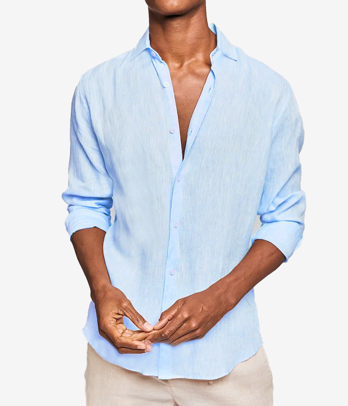 Front view of the Antonio Long Sleeve Linen Shirt by Frescobol Carioca, crafted from 100% fine Italian linen. This luxury men's dress shirt features a structured dress collar with stiffeners, imitation mother of pearl buttons, and a full placket. Designed in a regular fit, it blends relaxed tailoring with refined style for effortless occasion dressing.