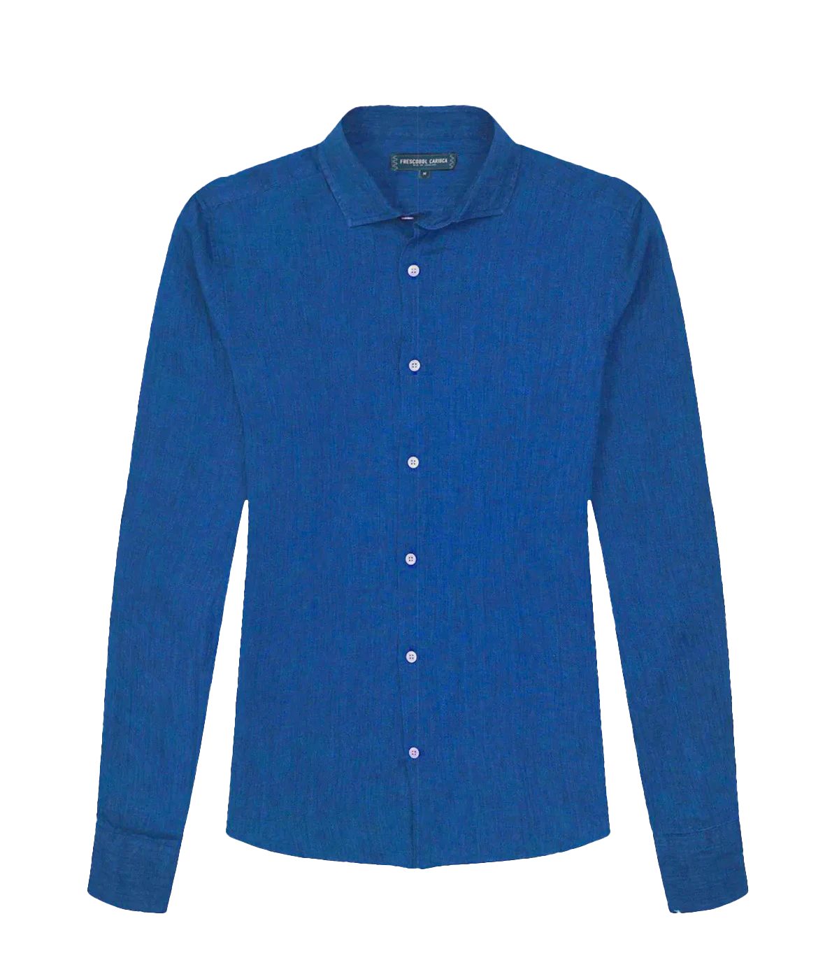 Ghost shot of the Antonio Long Sleeve Linen Shirt by Frescobol Carioca, floating to emphasize its structured dress collar with stiffeners, imitation mother of pearl buttons, and full placket. The lightweight Italian linen construction ensures breathable comfort and elevated style for versatile occasion dressing.