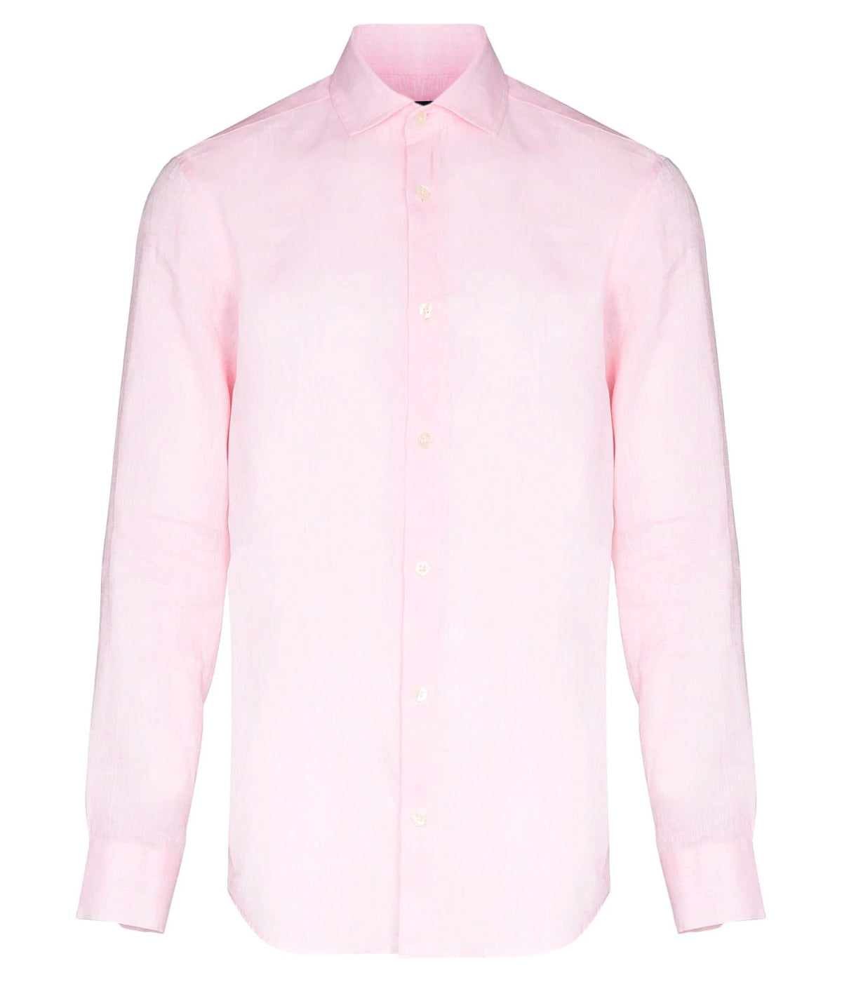 Ghost shot of the Antonio Long Sleeve Linen Shirt by Frescobol Carioca, floating to emphasize its structured dress collar with stiffeners, imitation mother of pearl buttons, and full placket. The lightweight Italian linen construction ensures breathable comfort and elevated style for versatile occasion dressing.