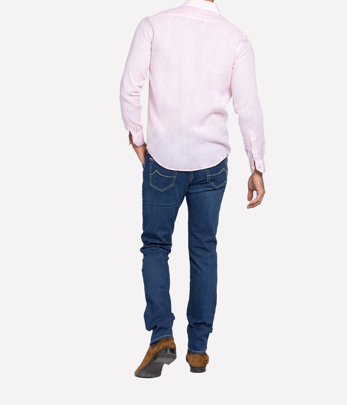 Back view of the Antonio Long Sleeve Linen Shirt by Frescobol Carioca, highlighting the lightweight, breathable fine Italian linen fabric. This classic men's linen shirt combines relaxed tailoring and timeless sophistication, ideal for polished, effortless dressing.