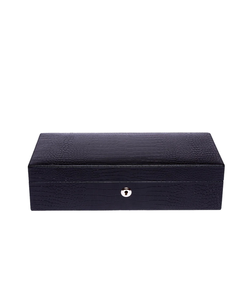 The Brompton 5-piece watch box in black crocodile-effect leather, featuring a luxurious suede interior. The box is finished with gold fitments, a lock, and key for added elegance.