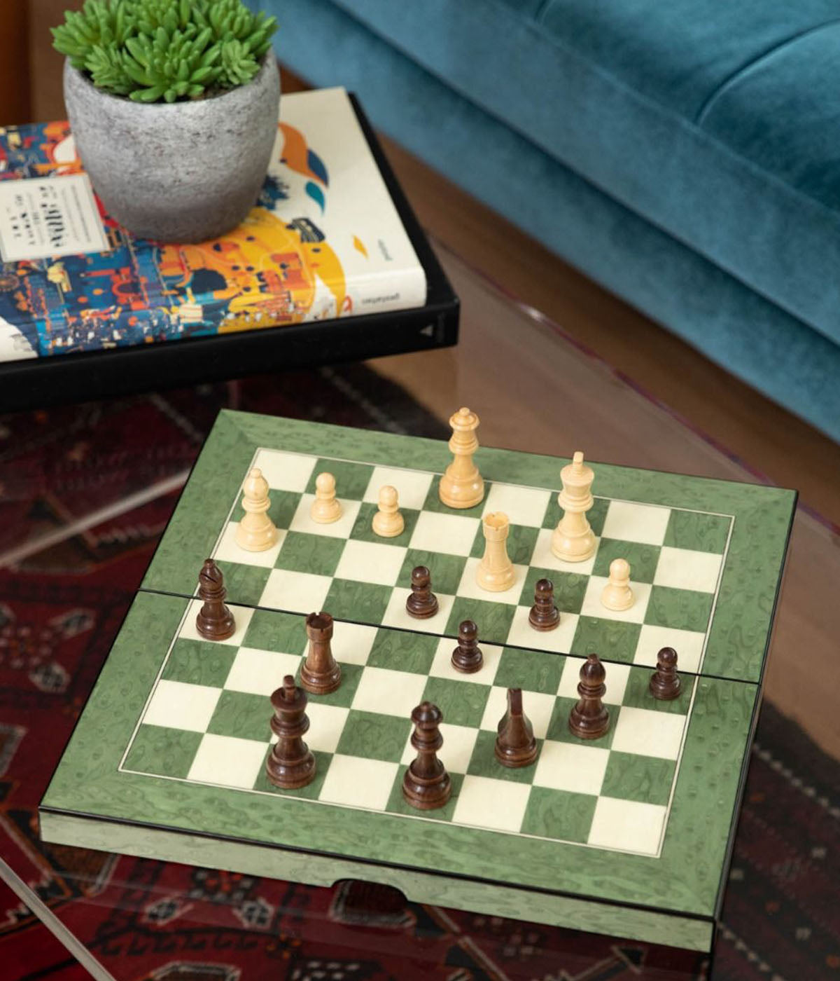 Backgammon & Chess Set in Green Wood