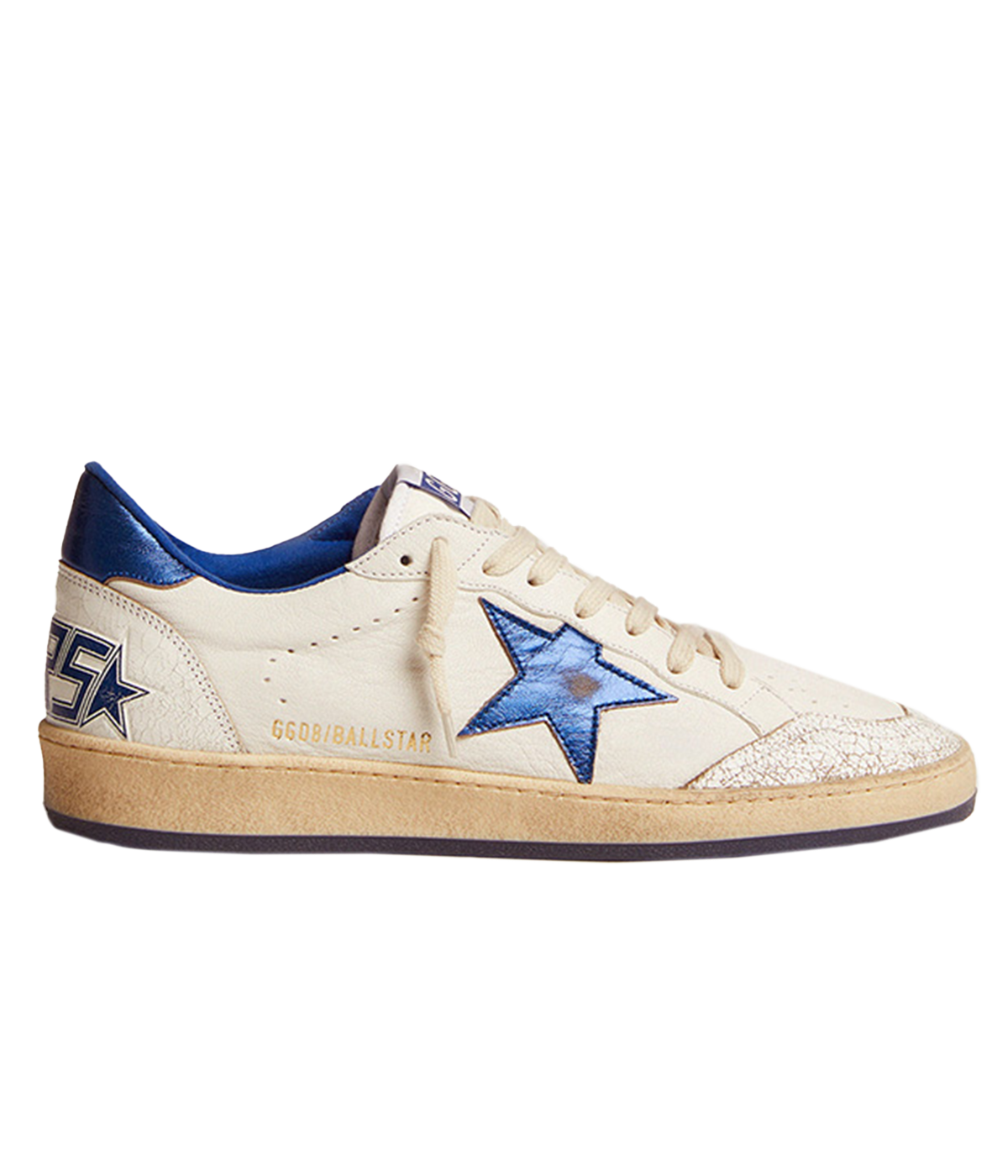 Golden Goose Ball Star sneakers channel an '80s American college and basketball vibe. Crafted in white nappa leather, they feature a metallic navy leather star and heel tab, along with white crackle-leather inserts. The sneakers are completed with white laces, giving them a vintage-inspired look with modern appeal.