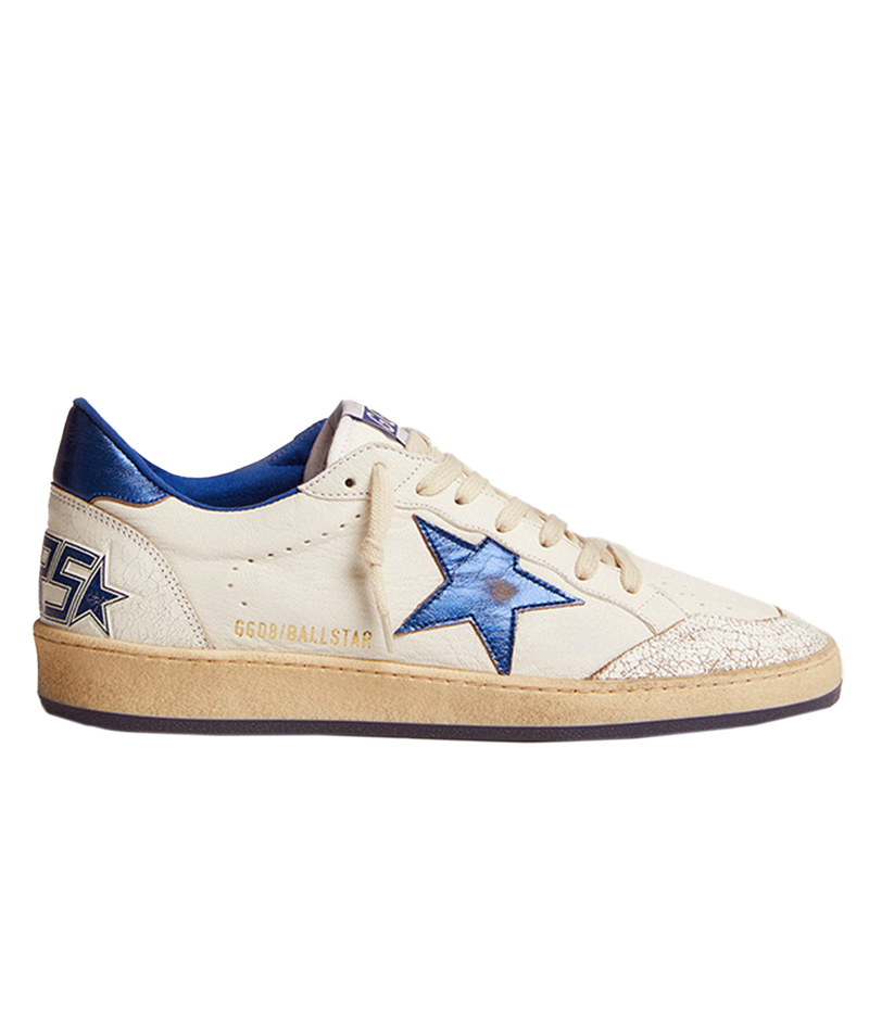 Golden Goose Ball Star sneakers channel an '80s American college and basketball vibe. Crafted in white nappa leather, they feature a metallic navy leather star and heel tab, along with white crackle-leather inserts. The sneakers are completed with white laces, giving them a vintage-inspired look with modern appeal.