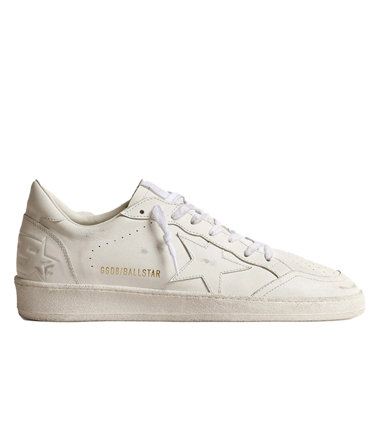 Golden Goose Ball Star sneakers in Optic White, featuring a leather upper and signature star. Inspired by an American college vibe, blending basketball and skate culture. The white leather inserts and tonal laces complete the timeless, stylish look.
