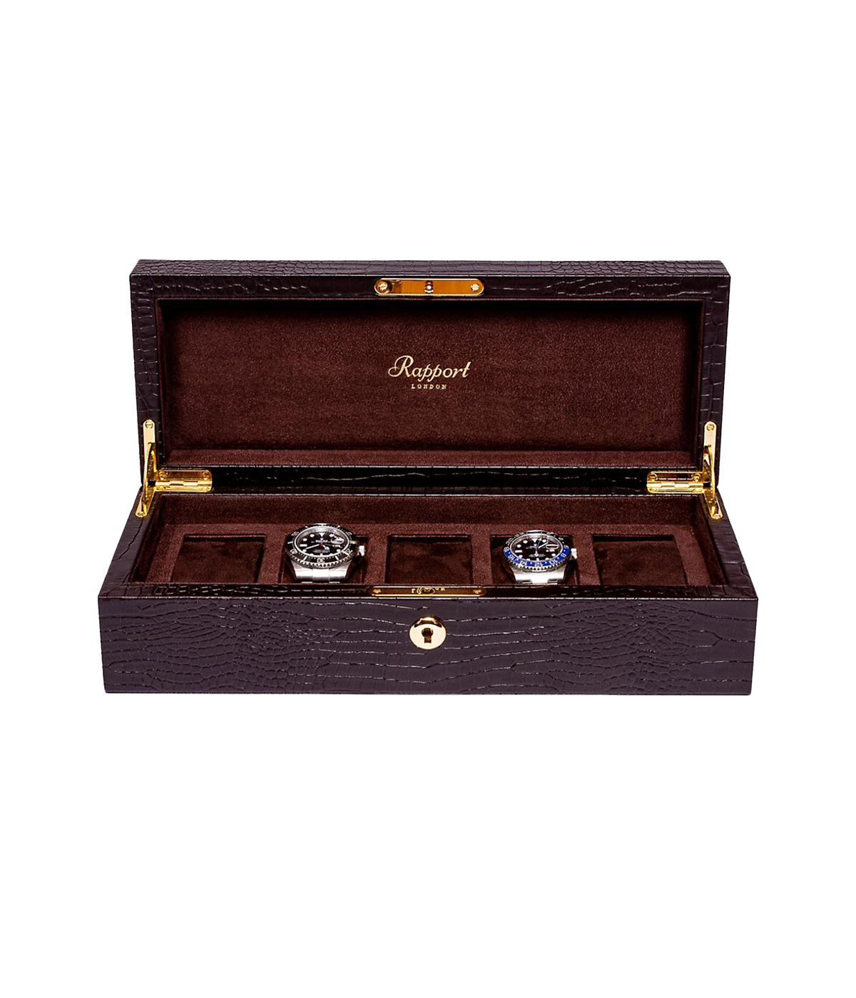 Opened Brompton 5-piece watch box displaying its suede interior and five compartments designed to store and protect your watches. Finished in chocolate brown leather with gold detailing.