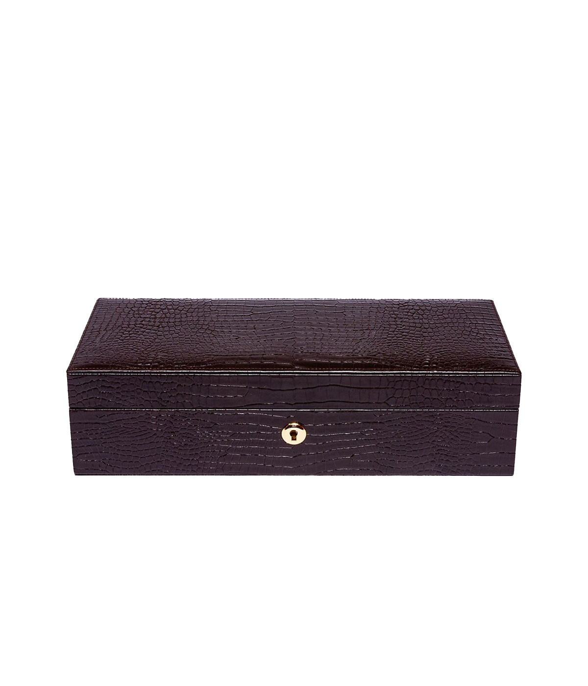 The Brompton 5-piece watch box in chocolate brown crocodile-effect leather, featuring a luxurious suede interior. The box is finished with gold fitments, a lock, and key for added elegance.
