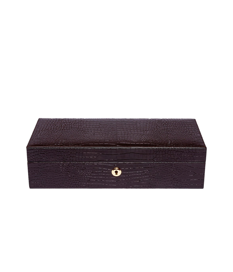 The Brompton 5-piece watch box in chocolate brown crocodile-effect leather, featuring a luxurious suede interior. The box is finished with gold fitments, a lock, and key for added elegance.
