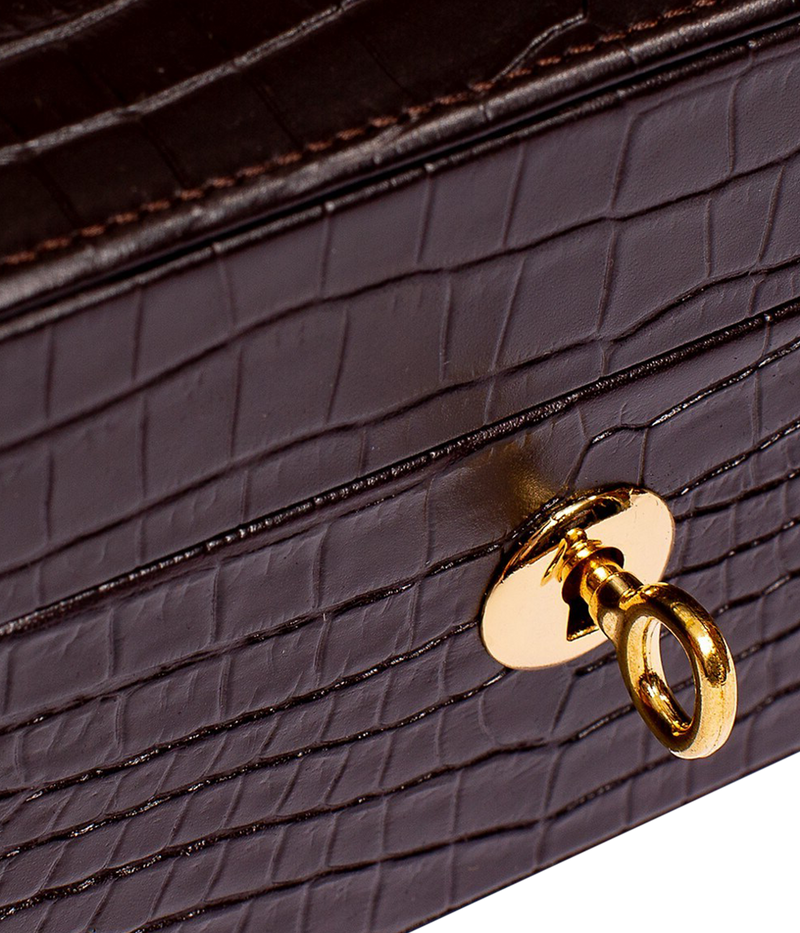 Side view of the Brompton 5-piece watch box, highlighting the gold lock and key for added security. The box is crafted from premium leather and lined with luxurious suede.