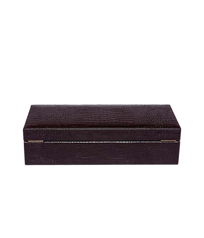 The Brompton 5-piece watch box in chocolate brown crocodile-effect leather, featuring a luxurious suede interior. The box is finished with gold fitments, a lock, and key for added elegance.