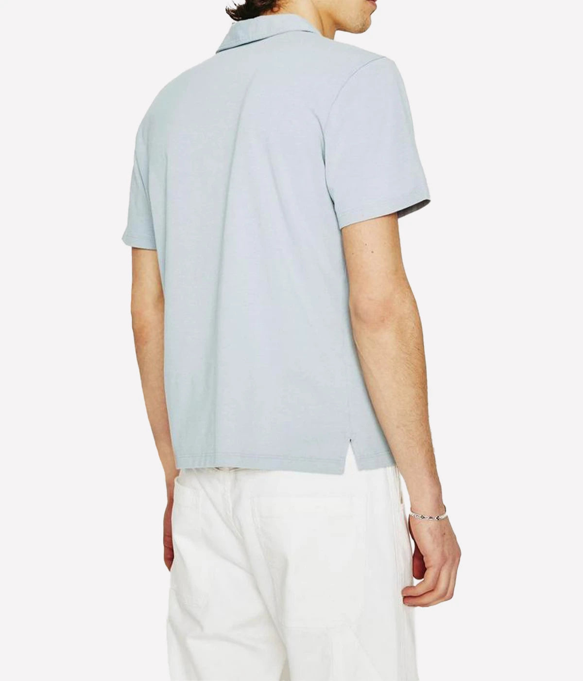 Rear view of the Bryce Johnny Collar polo shirt, highlighting its streamlined silhouette and soft cotton fabric.