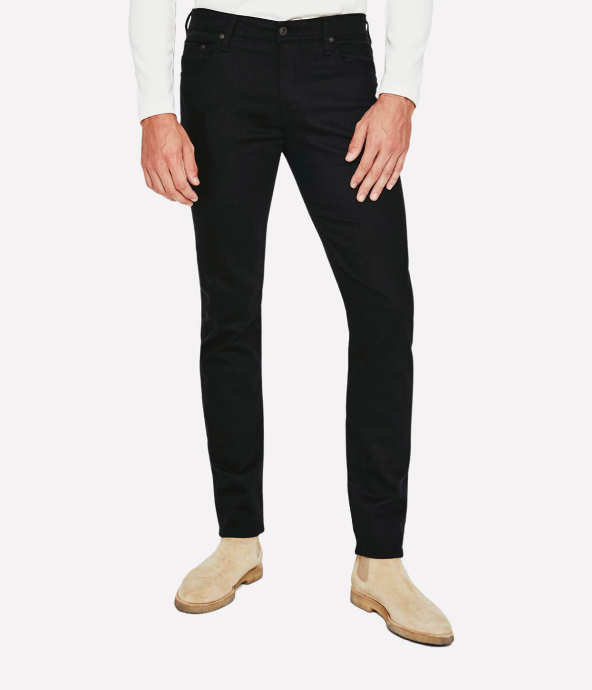 Men's Dylan slim skinny pant in deep, rich black, cut slim through the thighs and tapered at the ankle for a sleek, modern fit. Made from 10 oz. Dover Stretch Denim Stay Black, this innovative fabric is designed to maintain its deep hue even after over 30 washes.