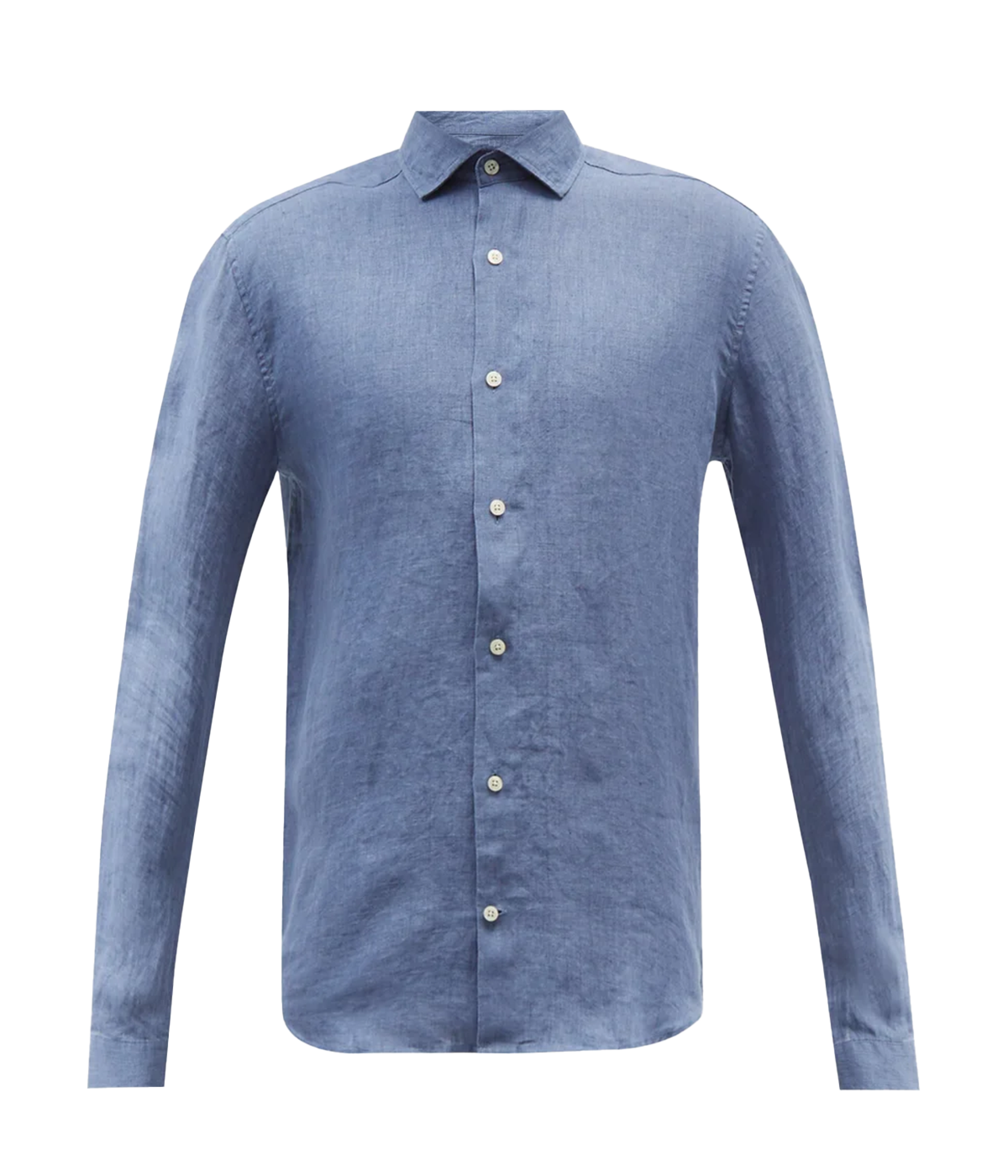 Ghost shot of the Antonio Long Sleeve Linen Shirt by Frescobol Carioca, floating to emphasize its structured dress collar with stiffeners, imitation mother of pearl buttons, and full placket. The lightweight Italian linen construction ensures breathable comfort and elevated style for versatile occasion dressing.