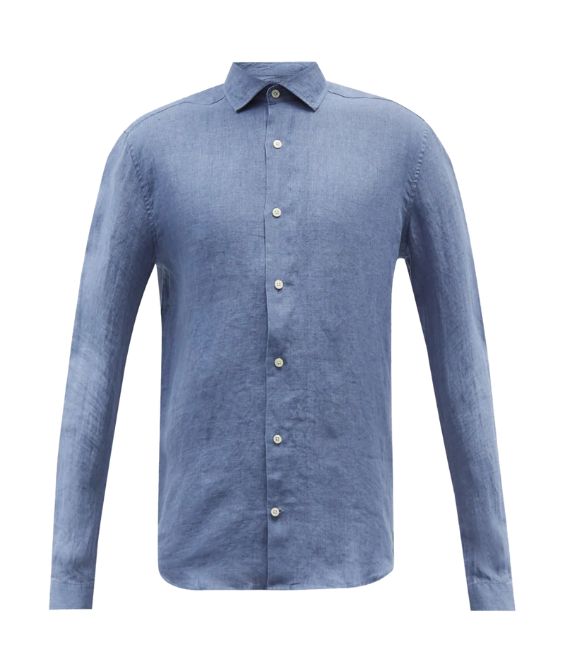 Ghost shot of the Antonio Long Sleeve Linen Shirt by Frescobol Carioca, floating to emphasize its structured dress collar with stiffeners, imitation mother of pearl buttons, and full placket. The lightweight Italian linen construction ensures breathable comfort and elevated style for versatile occasion dressing.