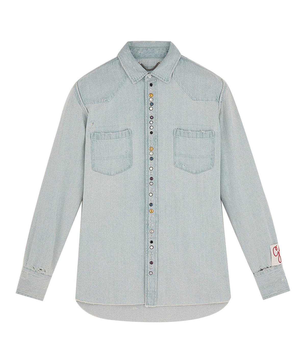 Golden Regular Bleach Washed Denim with Hammered Studs Shirt in Blue