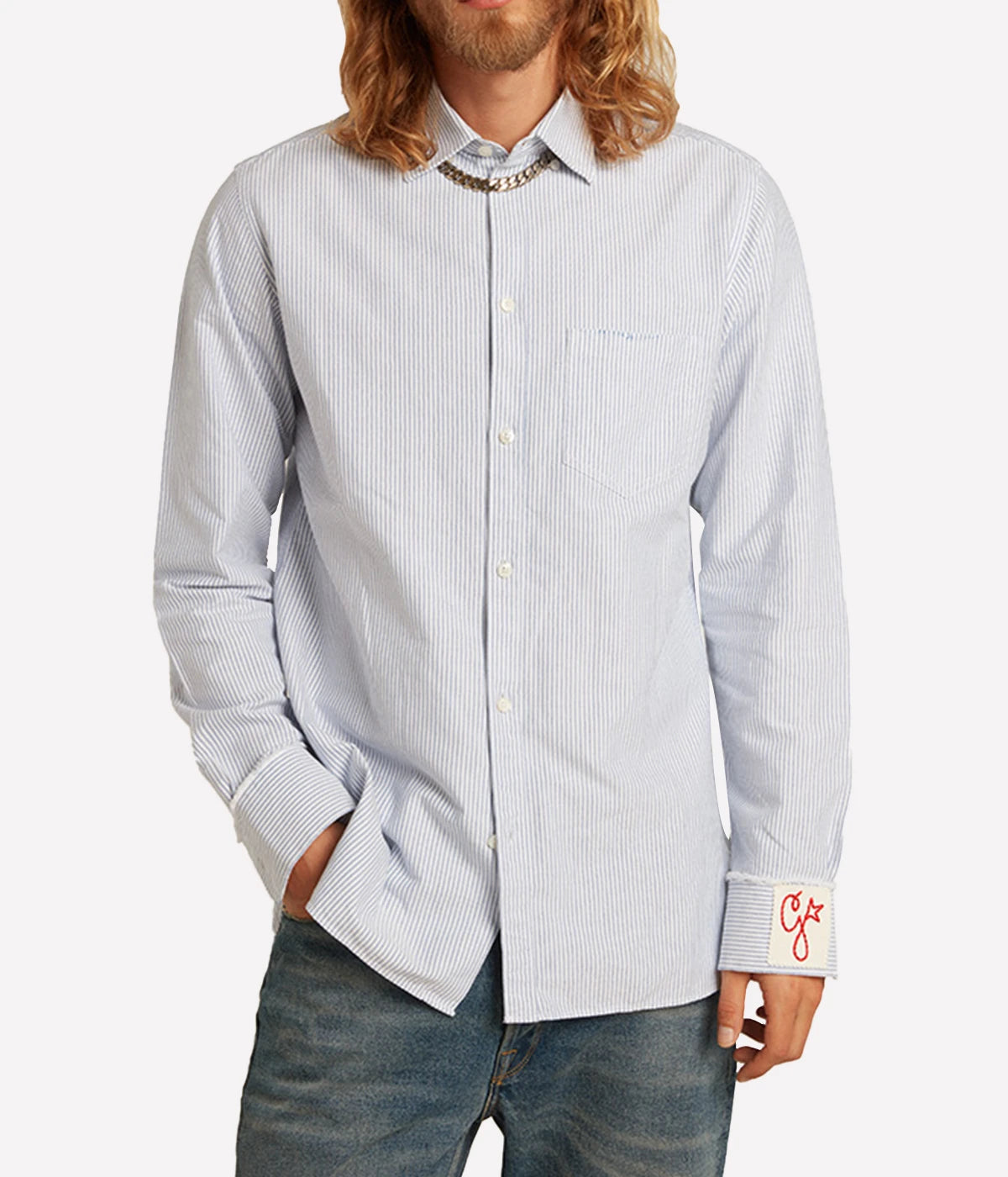 *FINAL SALE* Golden Regular Striped Cotton Oxford Shirt in White Infinity