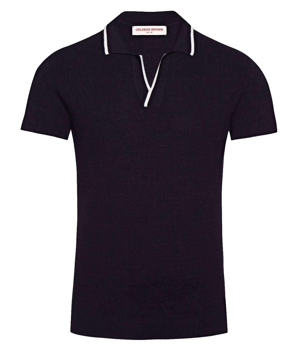 Navy Horton polo shirt featuring a tailored fit and fine stripe detail on the collar, cuffs, and hem. Made from 100% Merino wool with a waffled knit for comfort and durability. Dry clean only