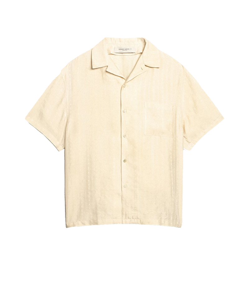 Journey Bowling Short Sleeve Shirt in Striped Linen Parchment