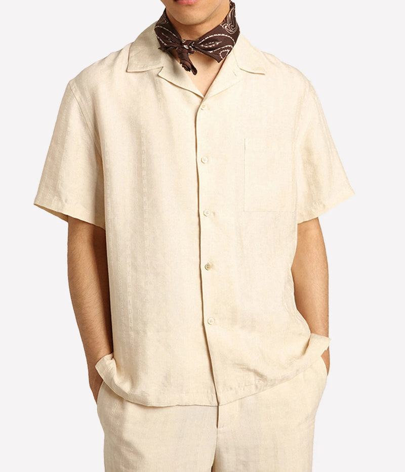 Journey Bowling Short Sleeve Shirt in Striped Linen Parchment