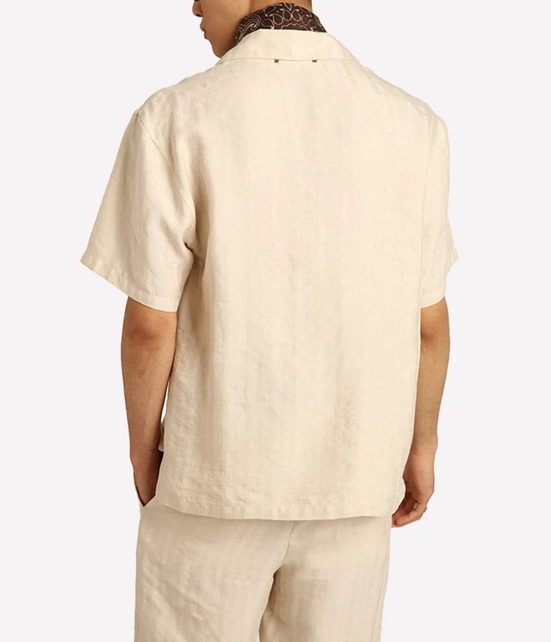 Journey Bowling Short Sleeve Shirt in Striped Linen Parchment