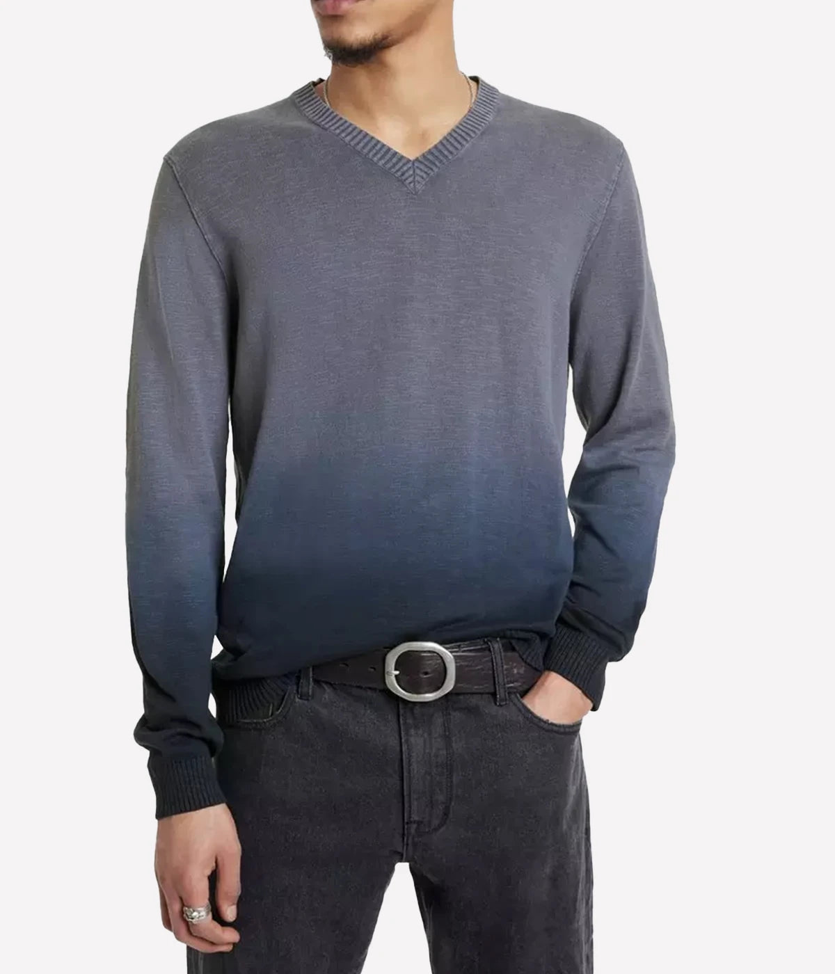 Kane fitted v-neck sweater knitted with soft slub cotton, featuring a dip-dyed ombre finish for added texture and depth
