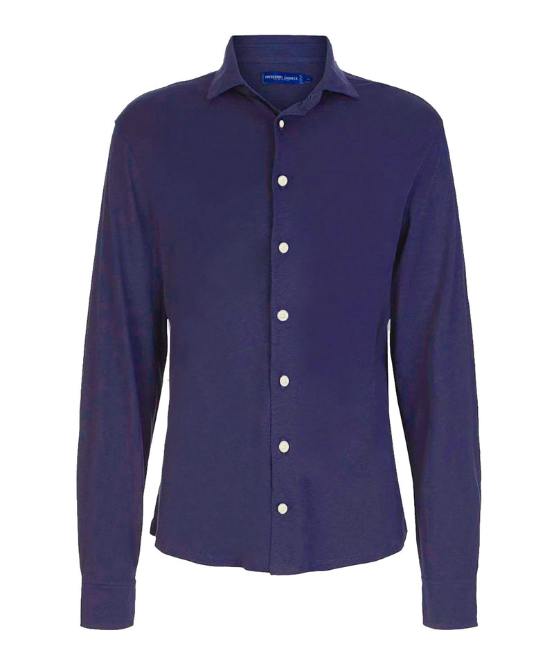Linen Blend Jersey Shirt Longsleeve in Navy Blue