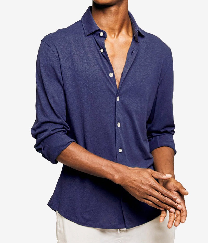 Linen Blend Jersey Shirt Longsleeve in Navy Blue