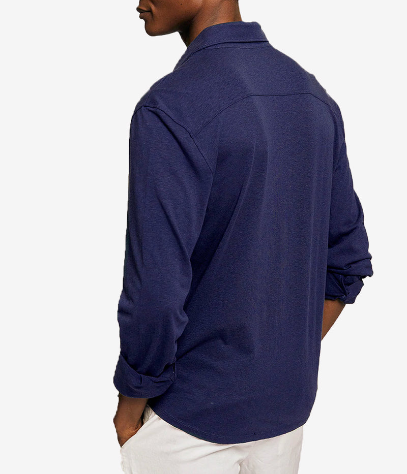 Linen Blend Jersey Shirt Longsleeve in Navy Blue