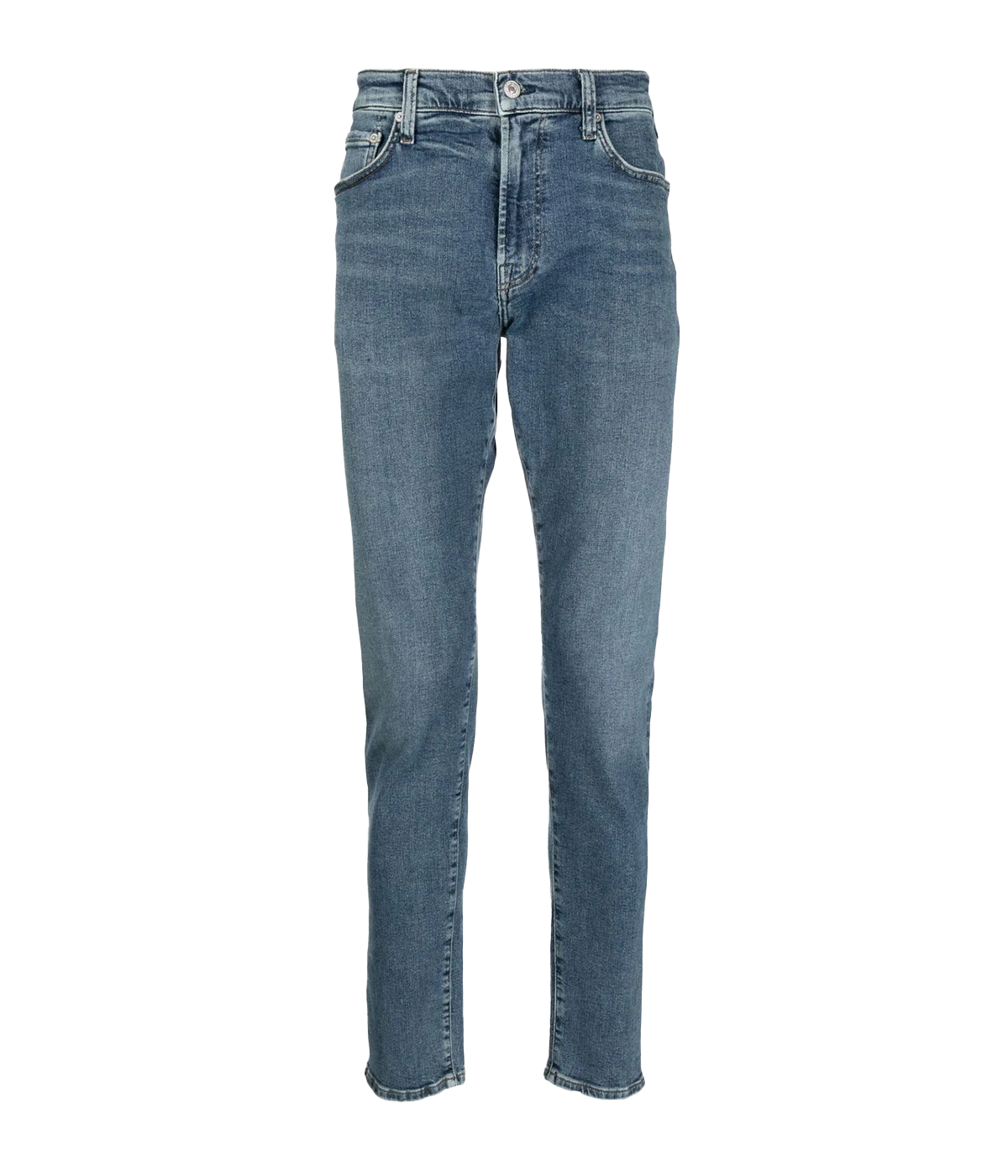 A flat lay of the Citizens of Humanity London Slim Taper jeans, showcasing their clean slim, tapered fit and tonal stitching.