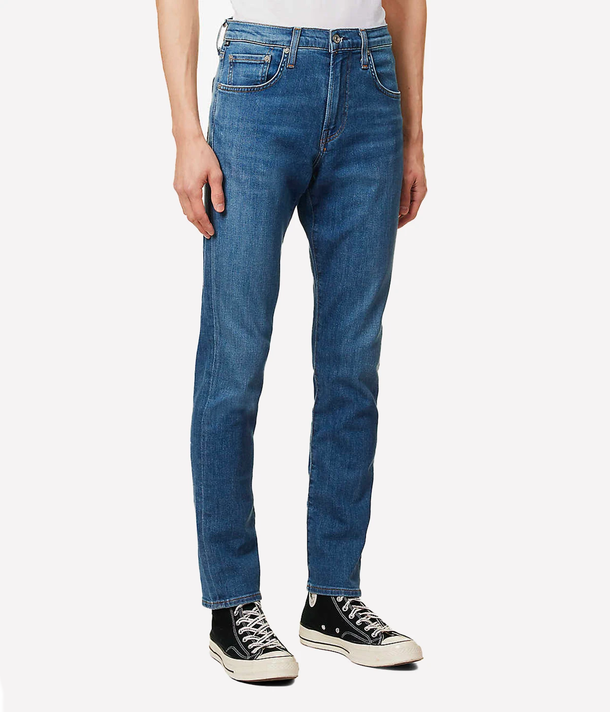 Side profile of the London Slim Taper jeans, showcasing the streamlined fit and durable Perform denim fabric.
