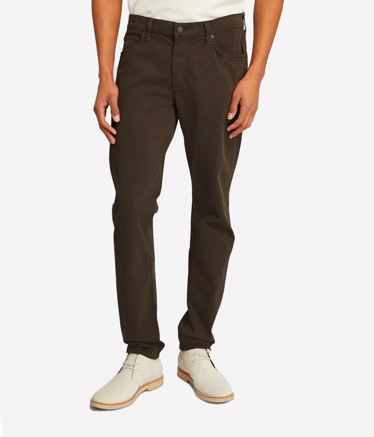 Front view of the London Slim Taper jeans, highlighting their modern silhouette and classic brown wash.