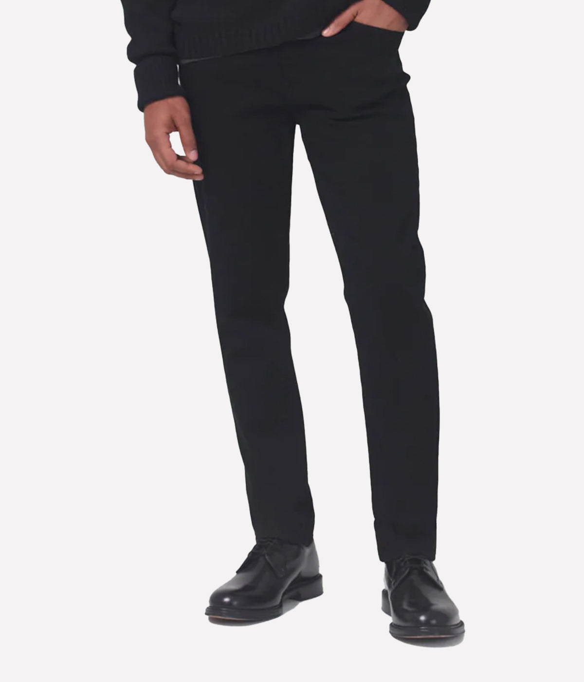 Front view of the London Slim Taper jeans, highlighting their modern silhouette and black denim wash.