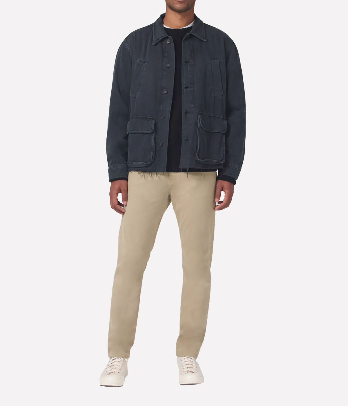 Front view of the London Slim Taper jeans, highlighting their modern silhouette and classic khaki wash.