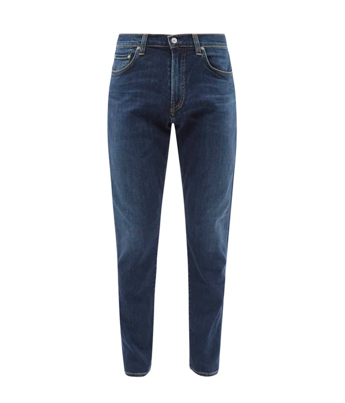 A flat lay of the Citizens of Humanity London Slim Taper jeans, showcasing their clean slim, tapered fit and tonal stitching.