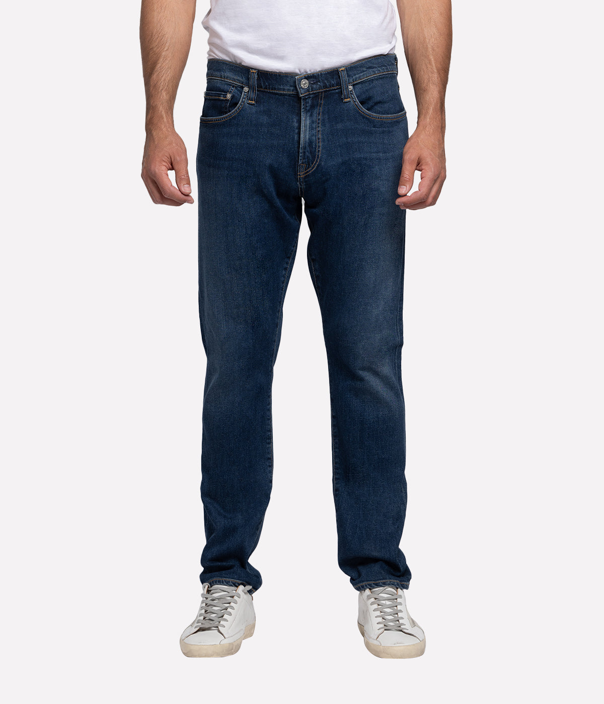 Front view of the London Slim Taper jeans, highlighting their modern silhouette and classic denim wash.