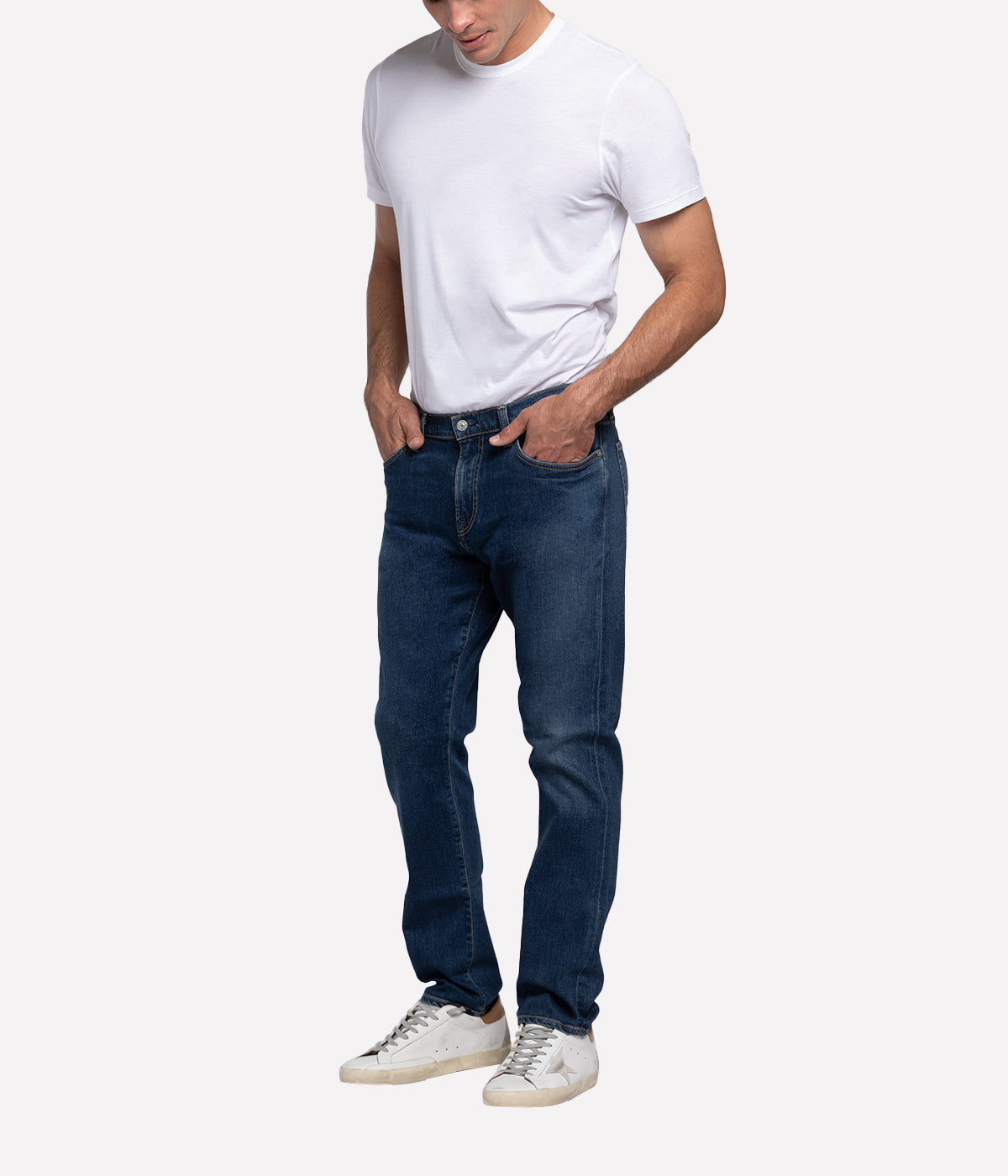 Side profile of the London Slim Taper jeans, showcasing the streamlined fit and durable Perform denim fabric.