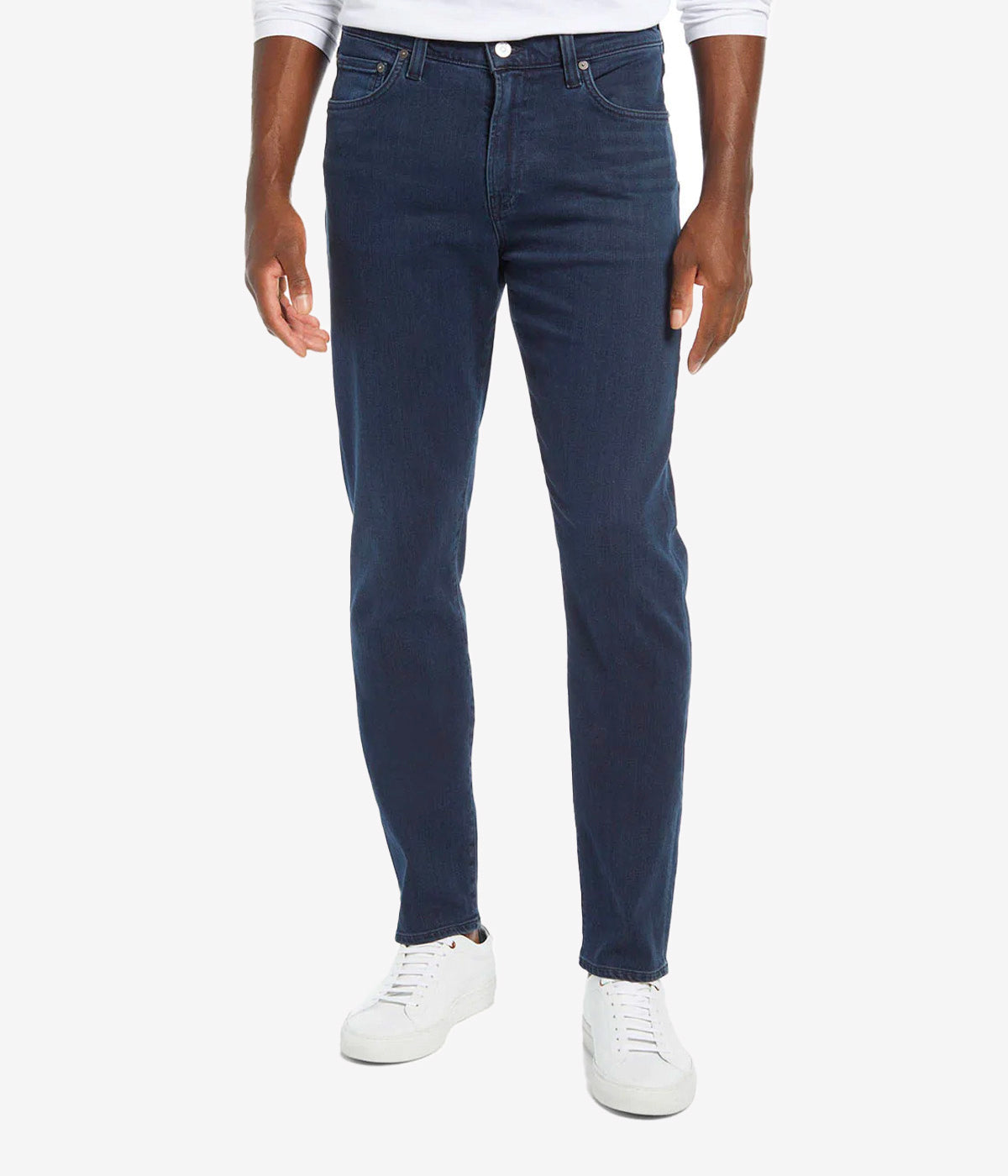 Front view of the London Slim Taper jeans, highlighting their modern silhouette and classic denim wash.