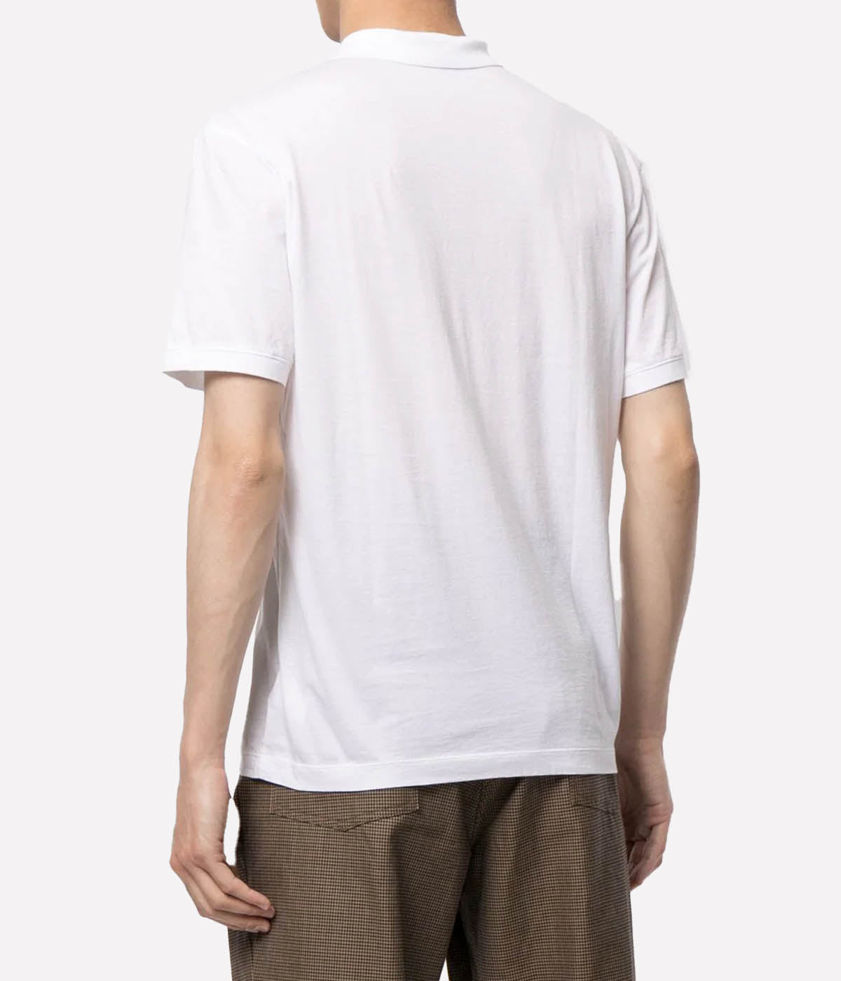 Back view of the James Perse Luxe Lotus Jersey Polo, showcasing the soft cotton fabric and clean finished straight hem. The collar and short sleeves maintain a polished, relaxed look for effortless styling.